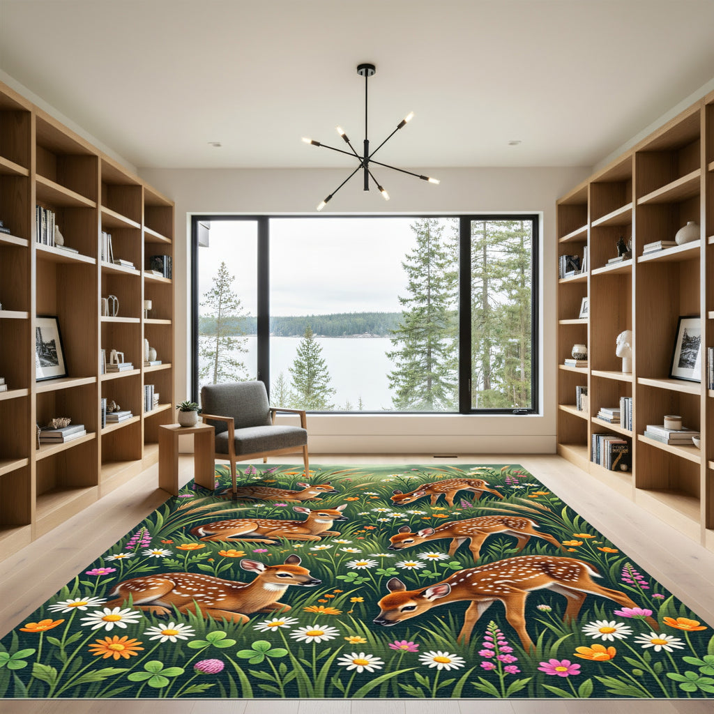 Whimsical Fawn and Wildflower Meadow Landscape Rug