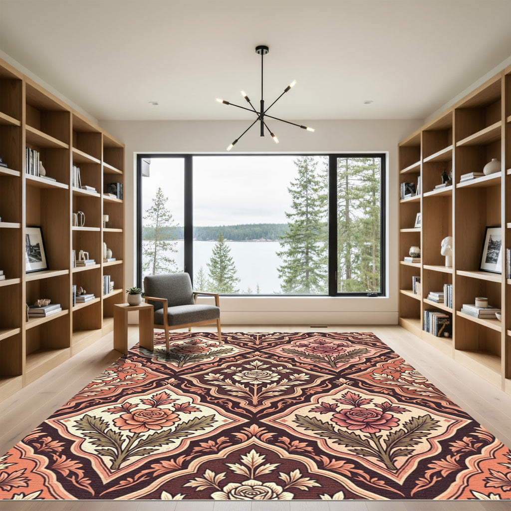 Ornate Rose Damask Earth Tone Diamond Repeat Rug