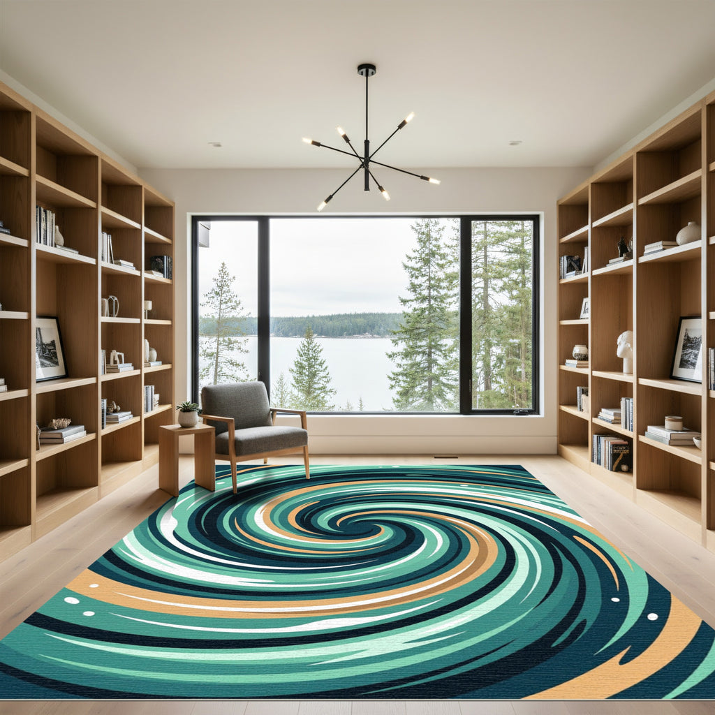 Modern Teal and Sand Swirl Vortex Rug