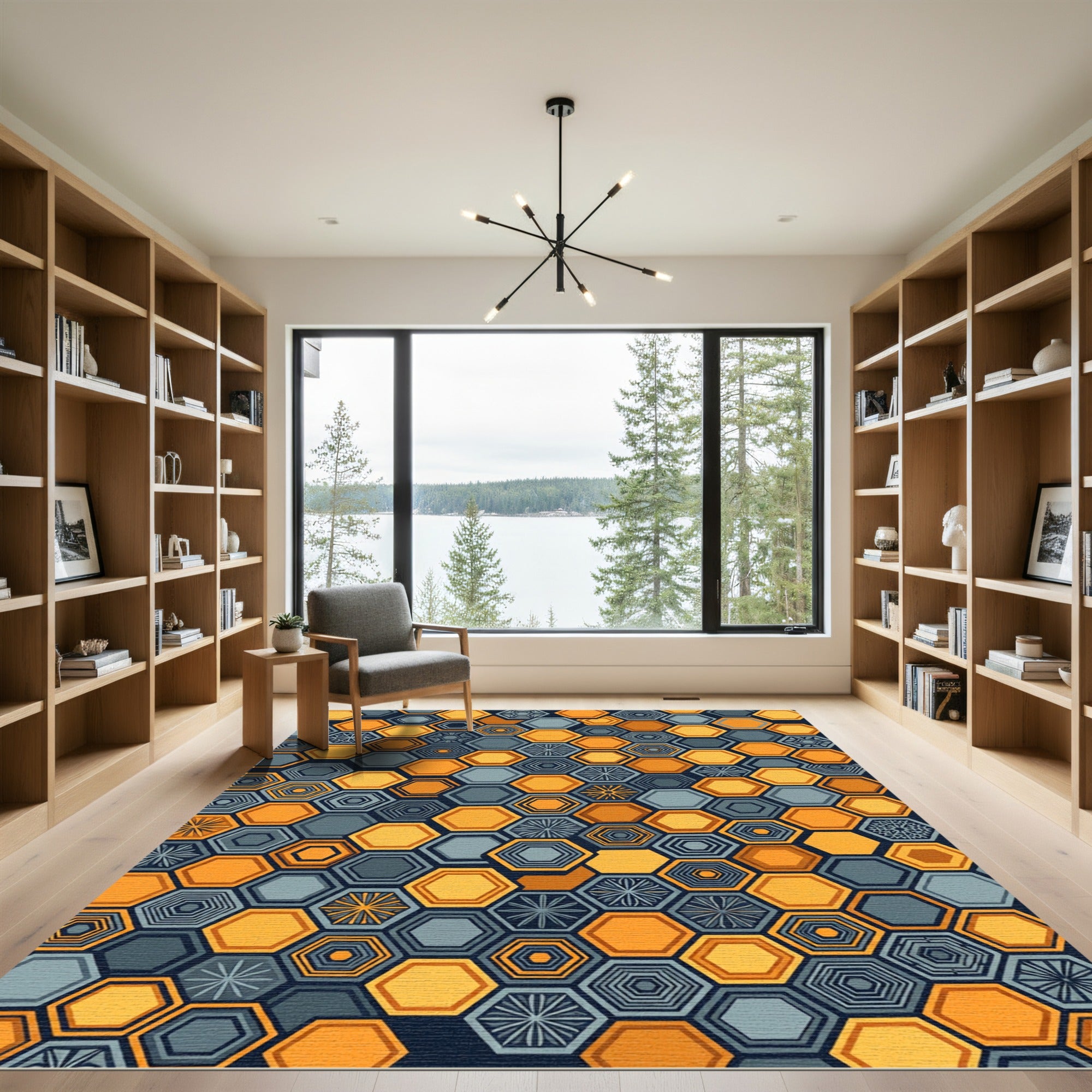 Amber and Slate Geometric Hexagon Mosaic Rug