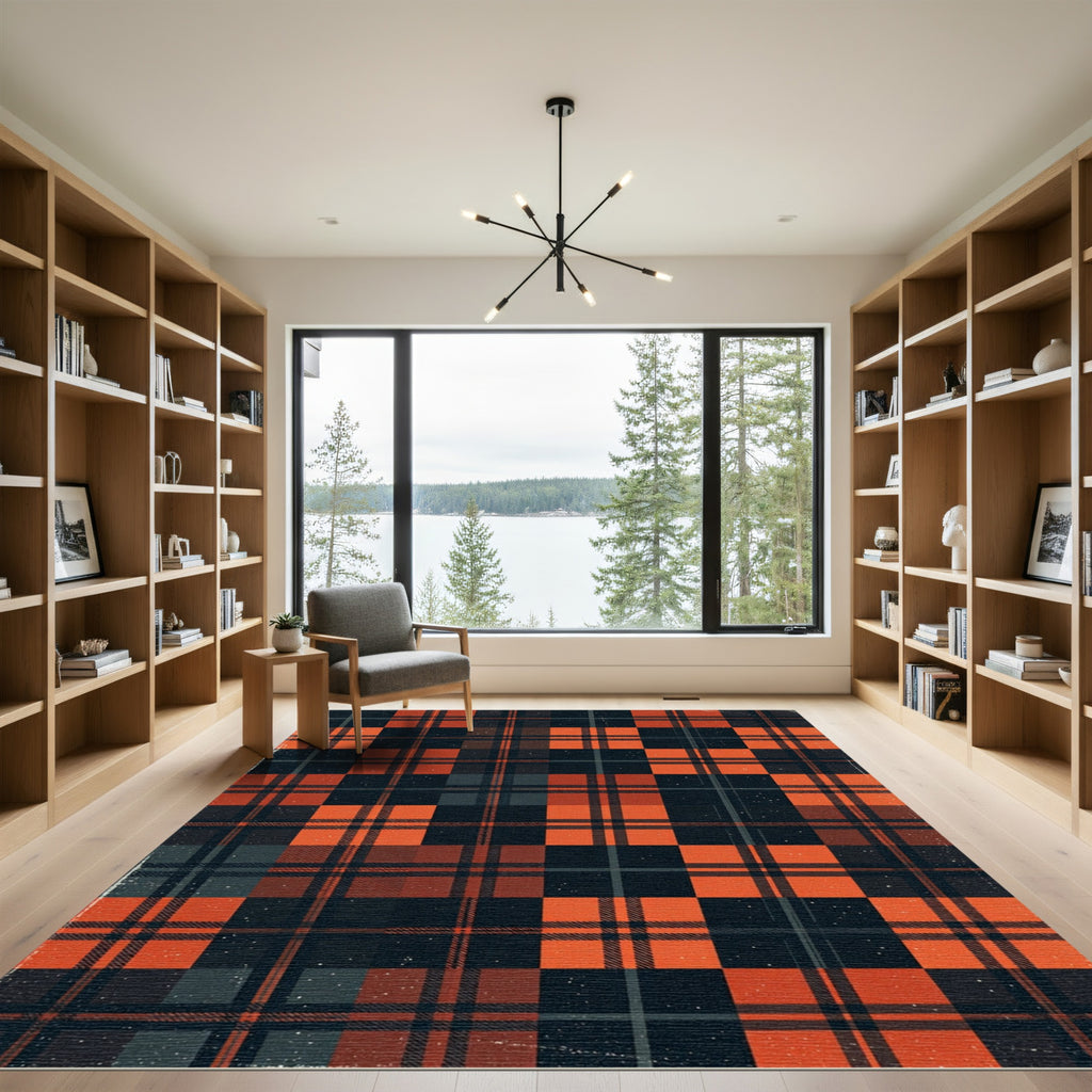 Rustic Burnt Orange Black Plaid Check Rug