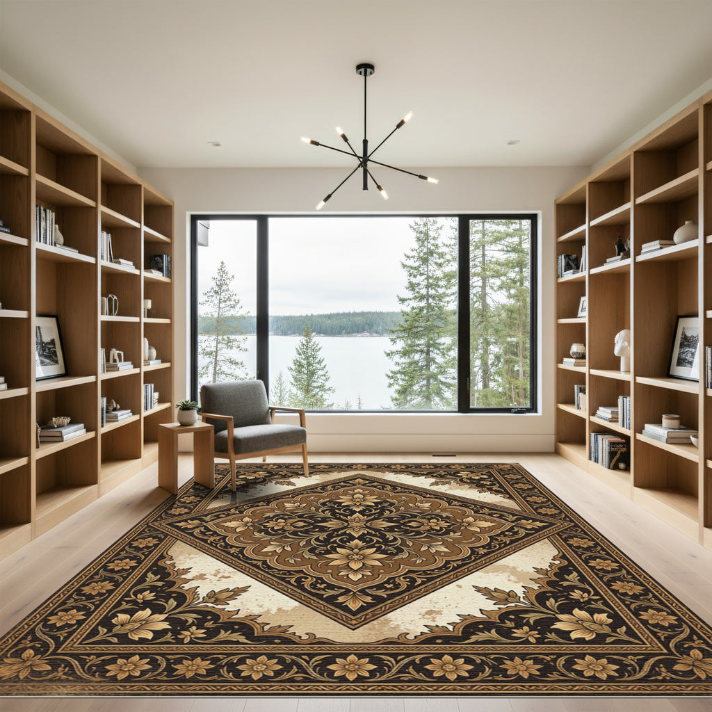 Elegant Golden Floral Diamond Medallion Rug