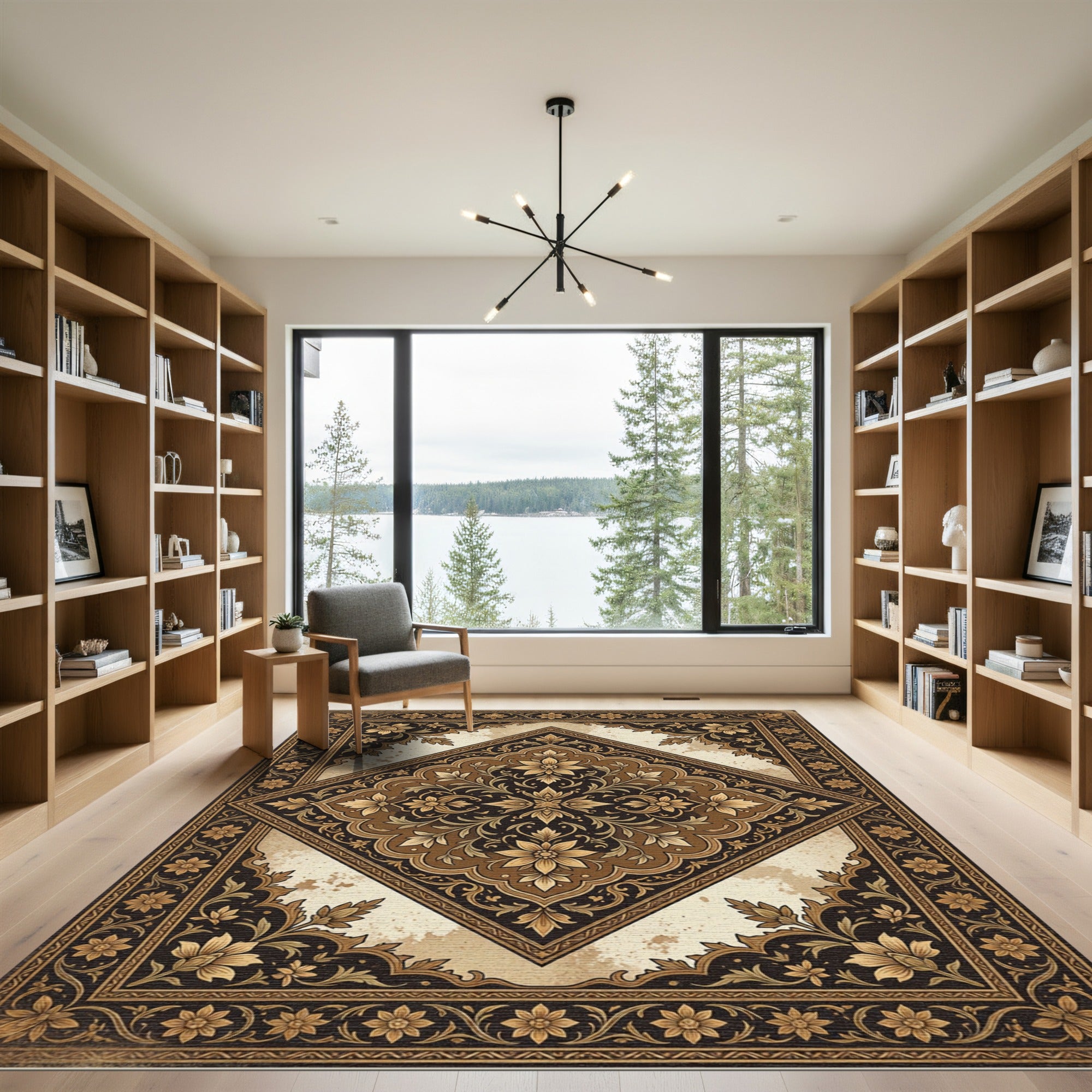 Elegant Golden Floral Diamond Medallion Rug
