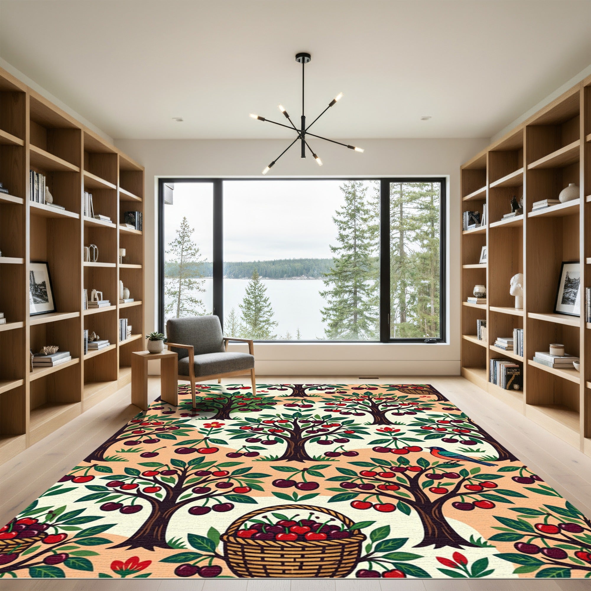 Whimsical Cherry Orchard Folk Berry Illustration Rug