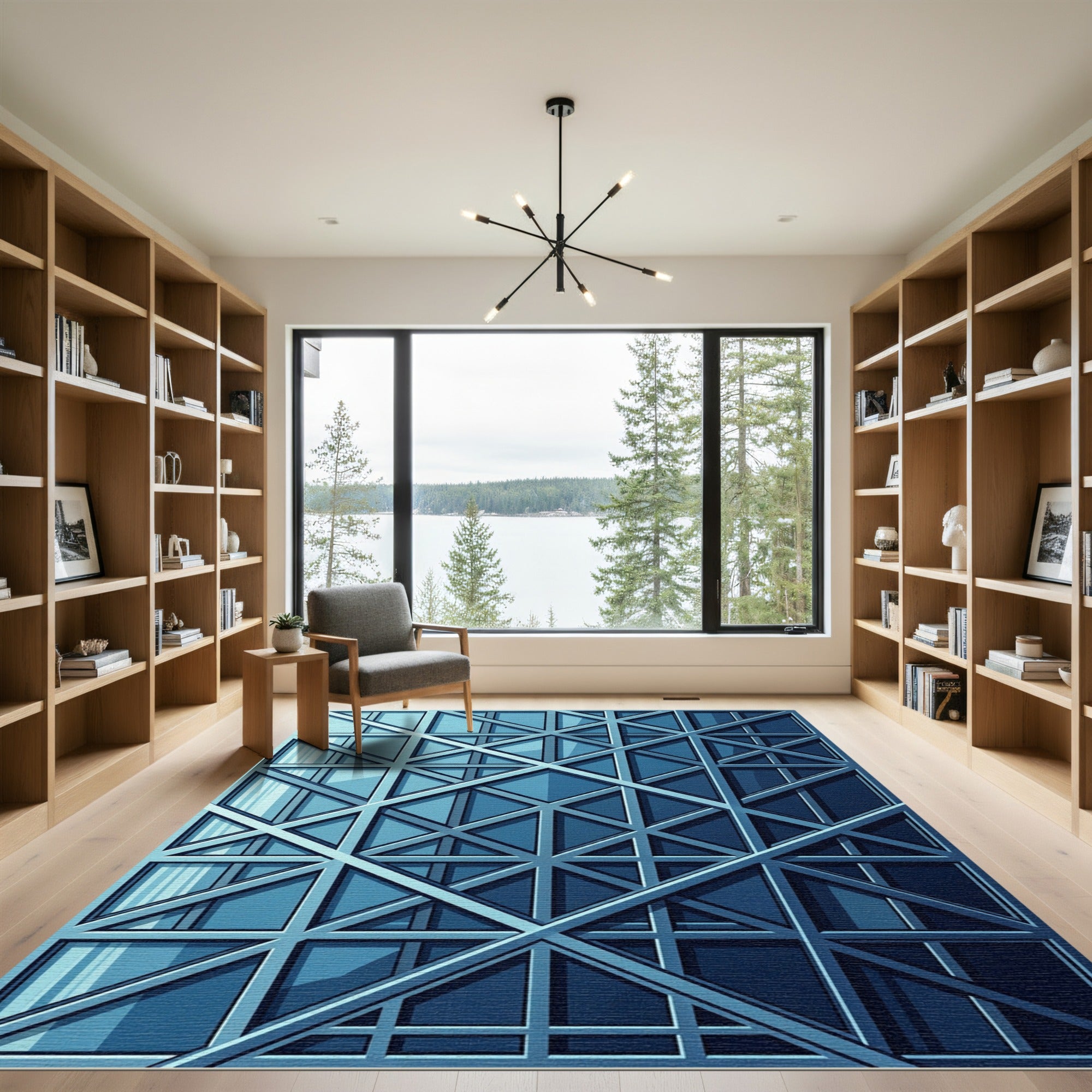Modern Steel Blue Geometric Lattice Grid Rug
