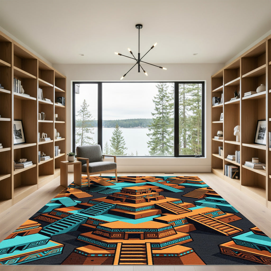 Isometric Terracotta and Teal Aztec Ziggurat Rug