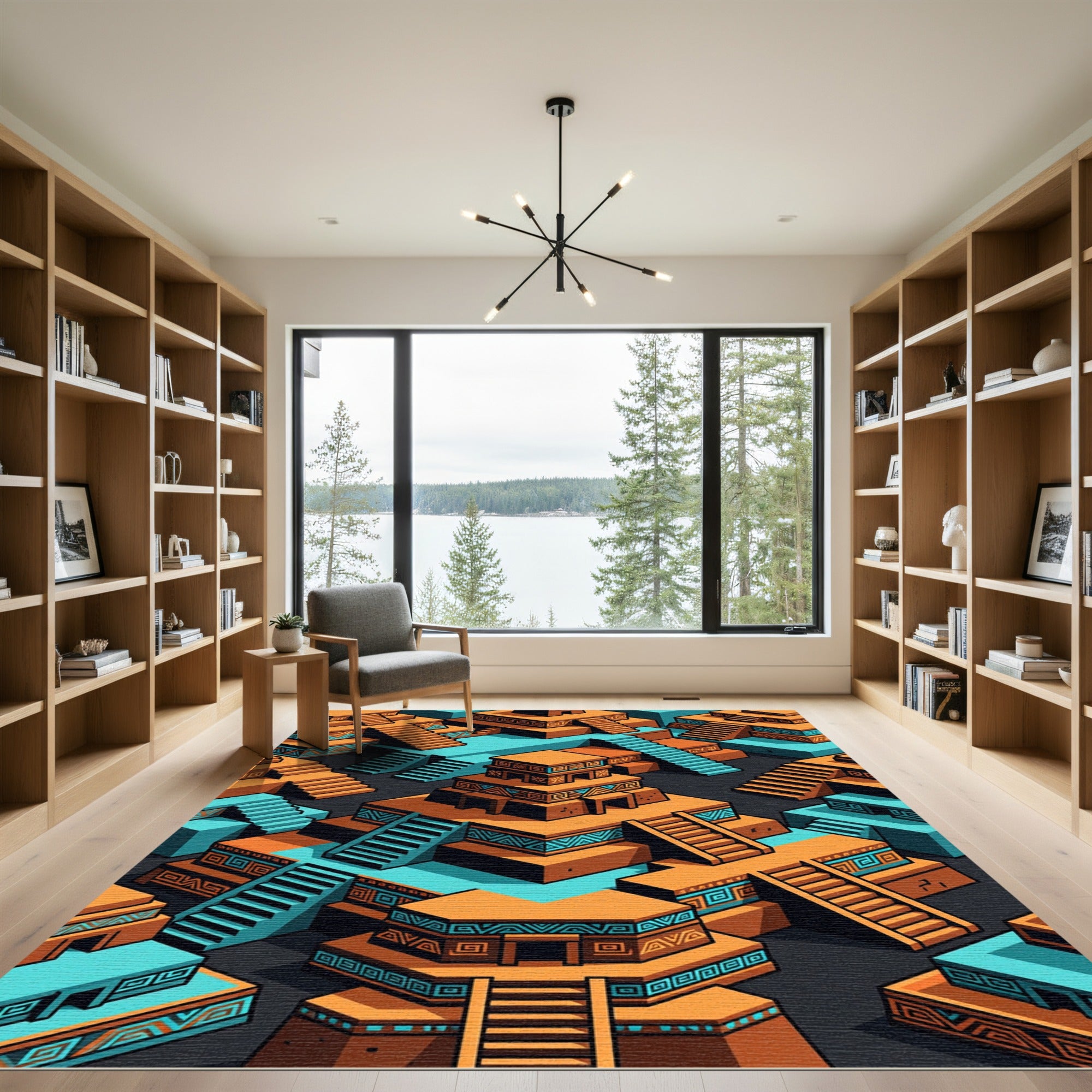 Isometric Terracotta and Teal Aztec Ziggurat Rug