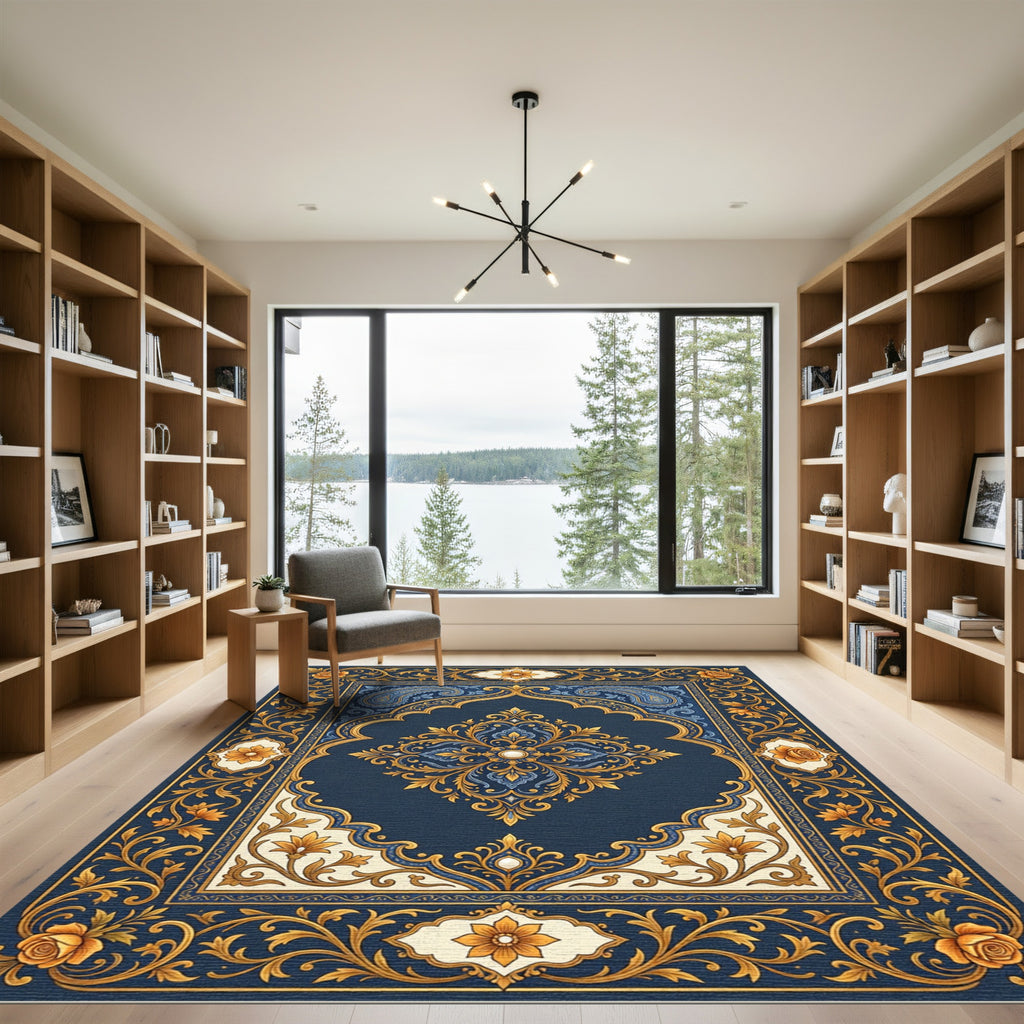 Elegant Navy Gold Floral Damask Area Rug