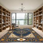Elegant Navy Gold Floral Damask Area Rug