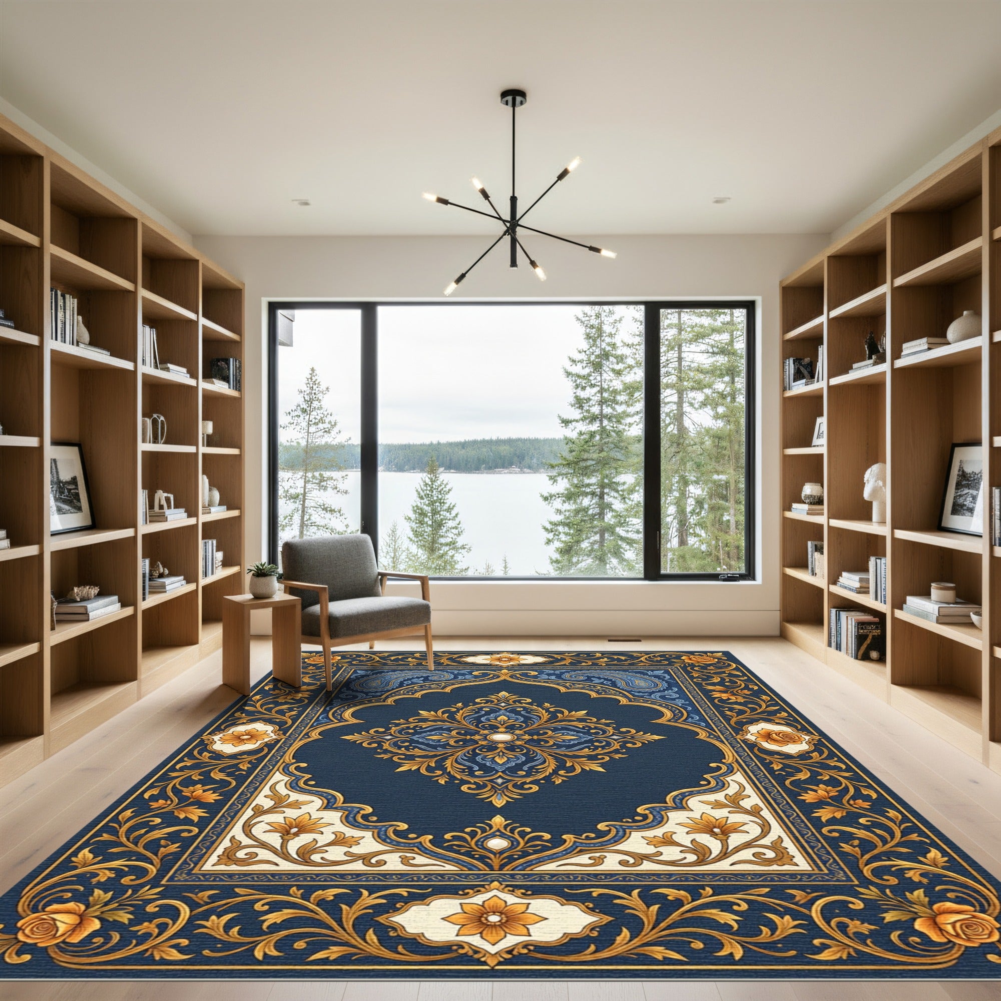 Elegant Navy Gold Floral Damask Area Rug