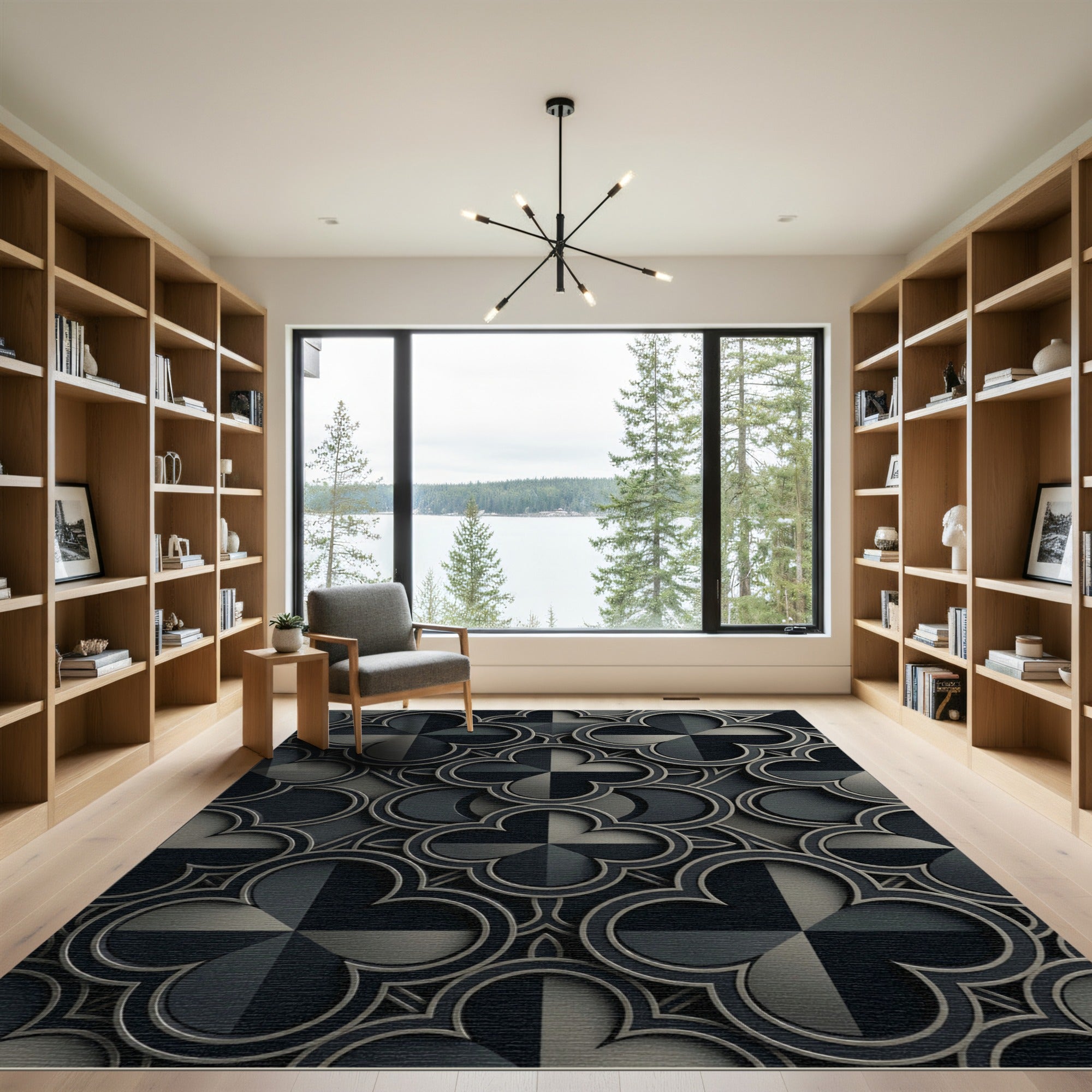 Elegant Matte Black Quatrefoil Geometric Rug