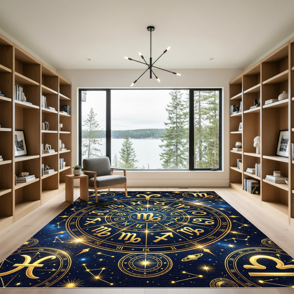 Celestial Golden Zodiac Constellation Map Rug