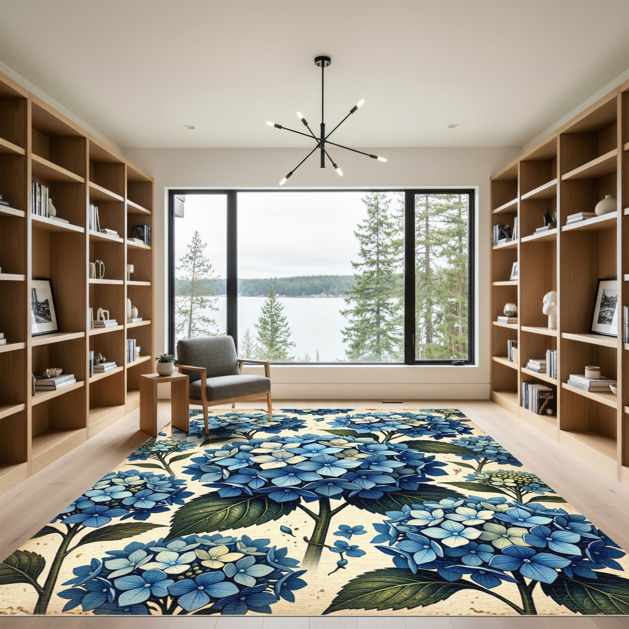 Blue Hydrangea Botanical Bouquet Illustration Rug