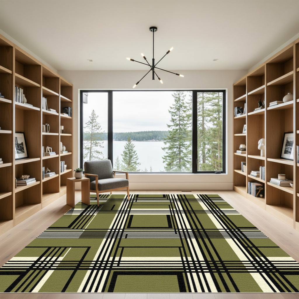 Olive Green Grid Plaid Geometric Rug