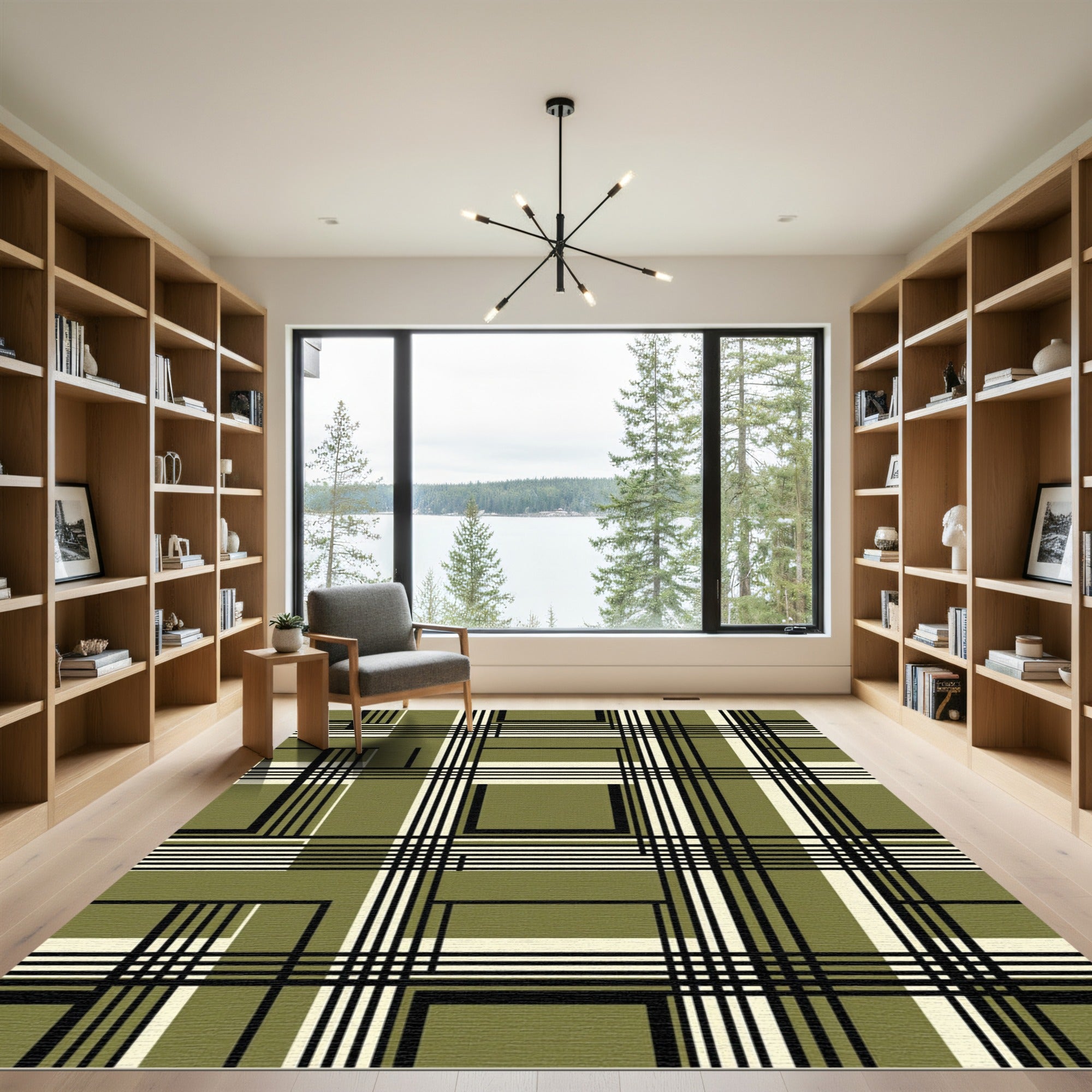 Olive Green Grid Plaid Geometric Rug