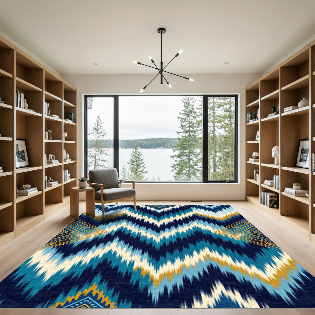 Deep Blue Golden Zigzag Tribal Rug