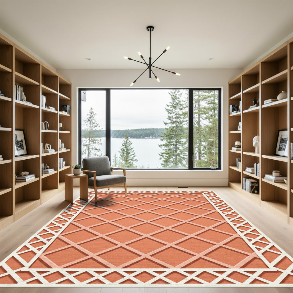 Terracotta Grid Geometric Lattice Rug
