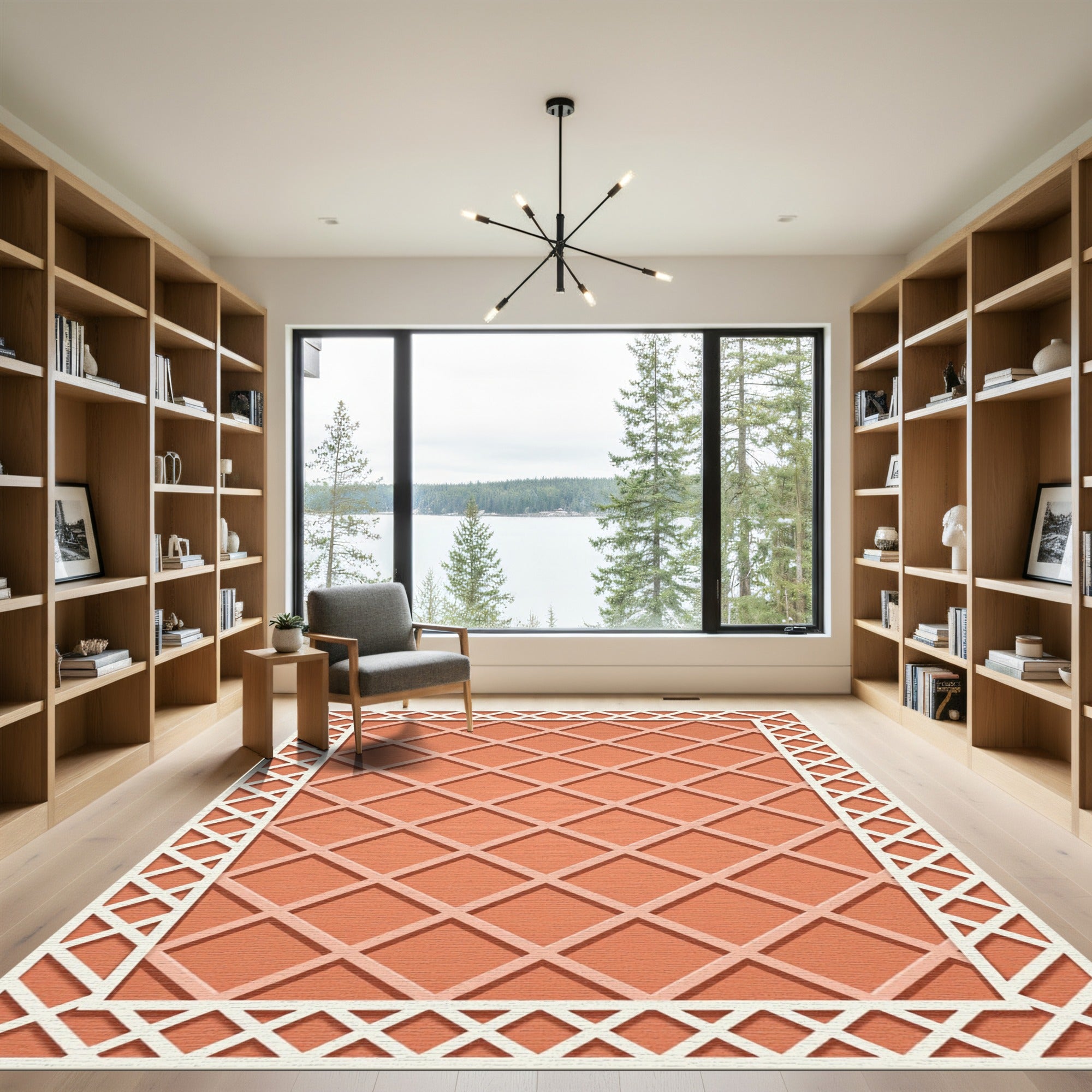 Terracotta Grid Geometric Lattice Rug