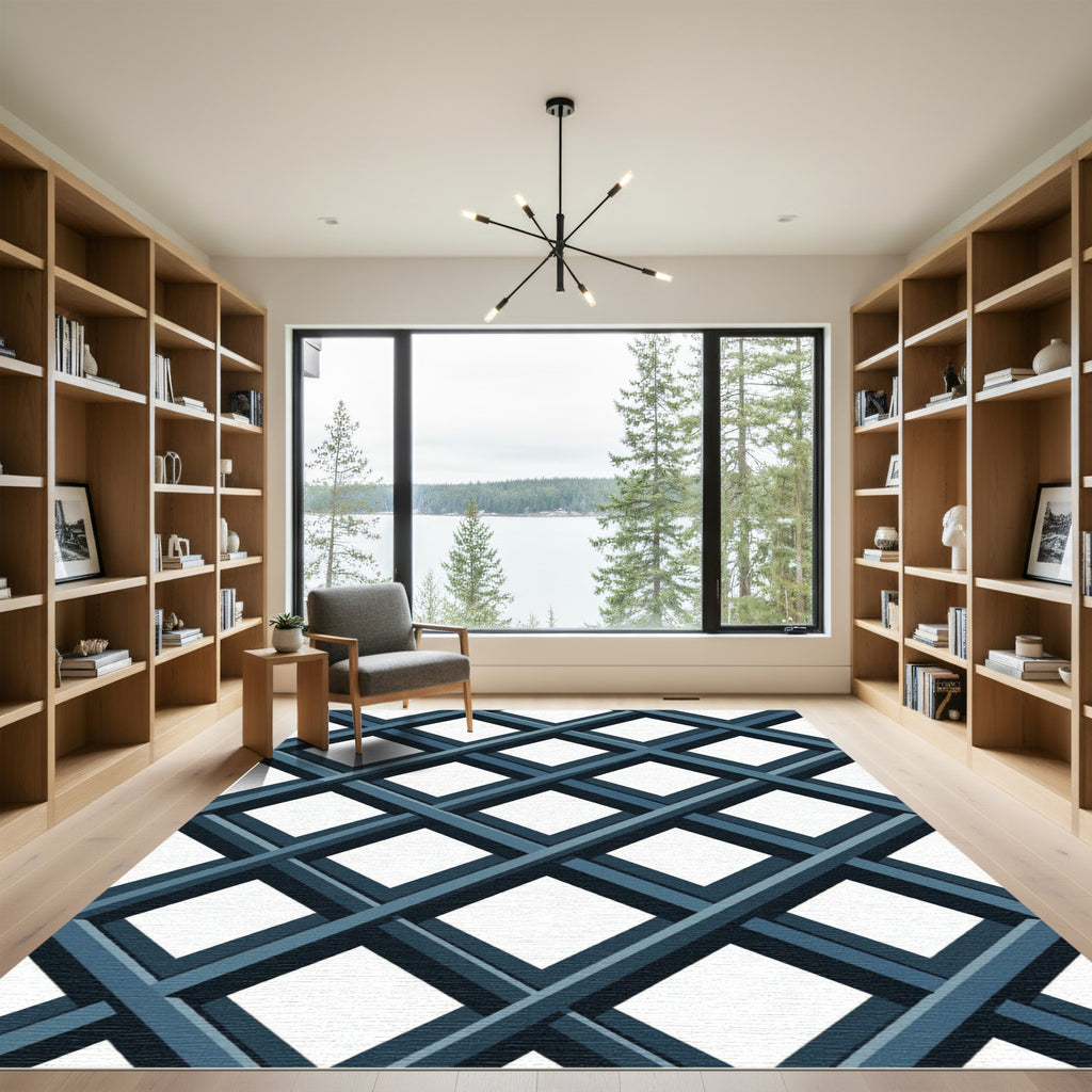 Navy Blue Intersecting Grid Lattice Rug