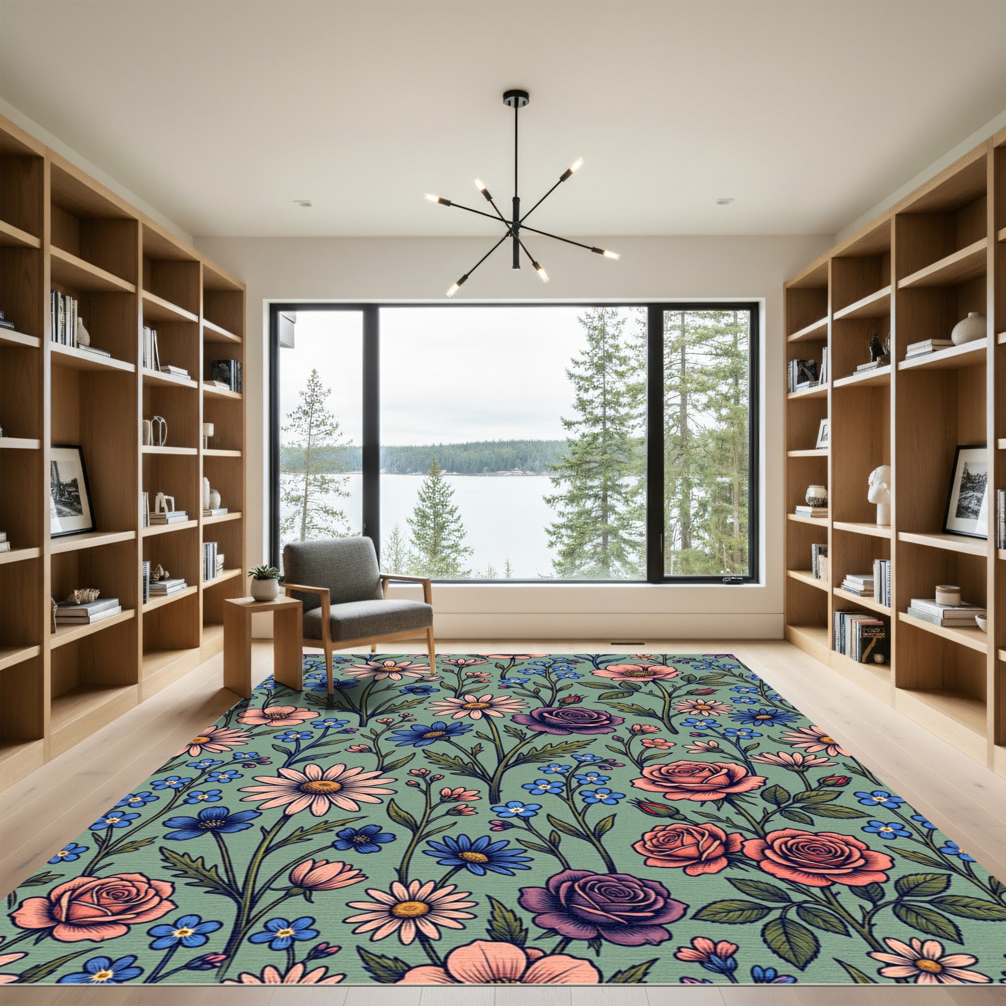 Sage Green Vintage Botanical Floral Arrangement Rug