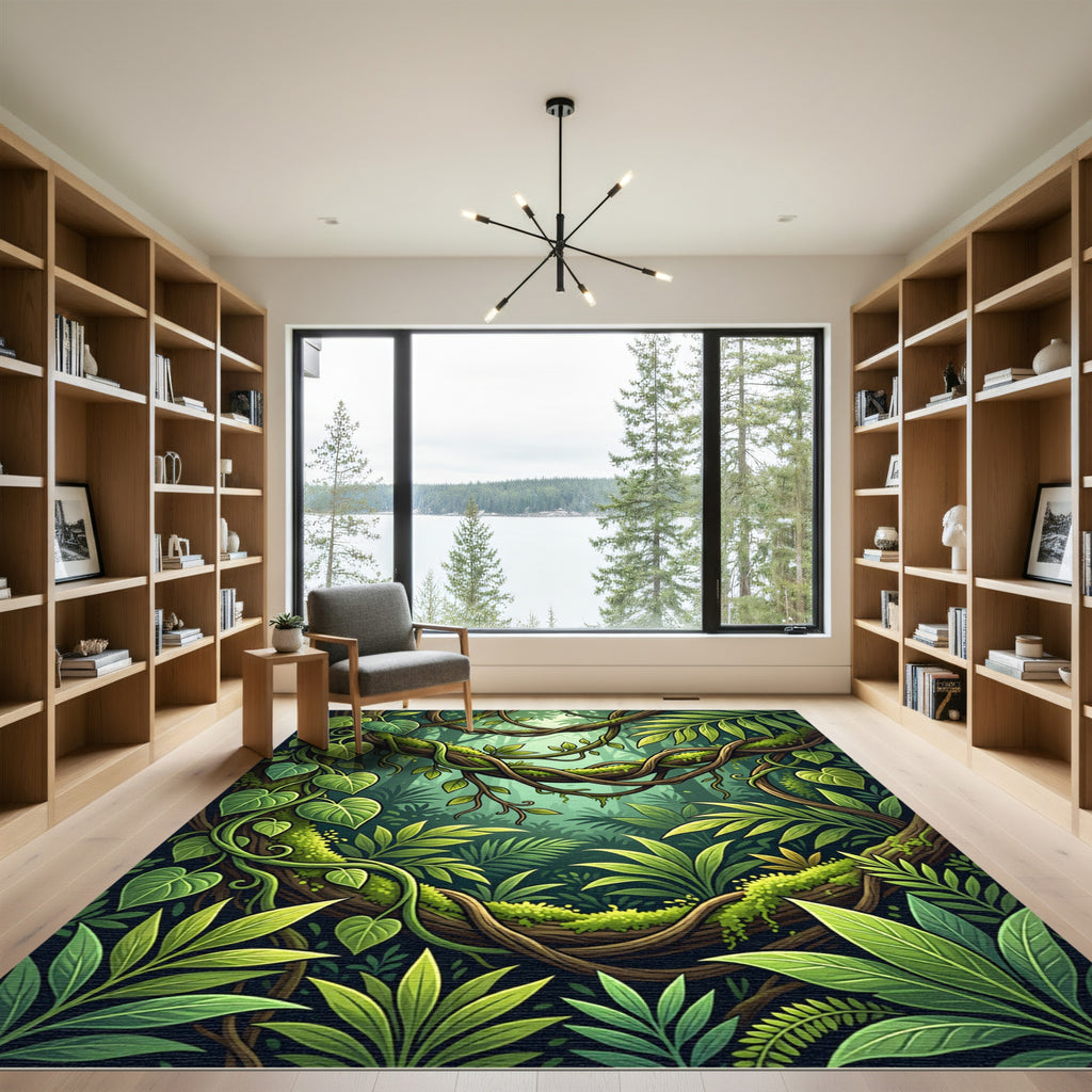 Lush Green Tropical Foliage Jungle View Rug