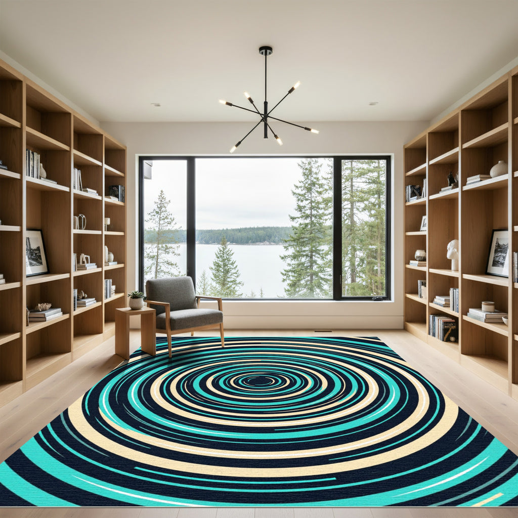 Modern Teal and Cream Concentric Vortex Rug