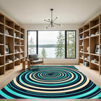 Modern Teal and Cream Concentric Vortex Rug