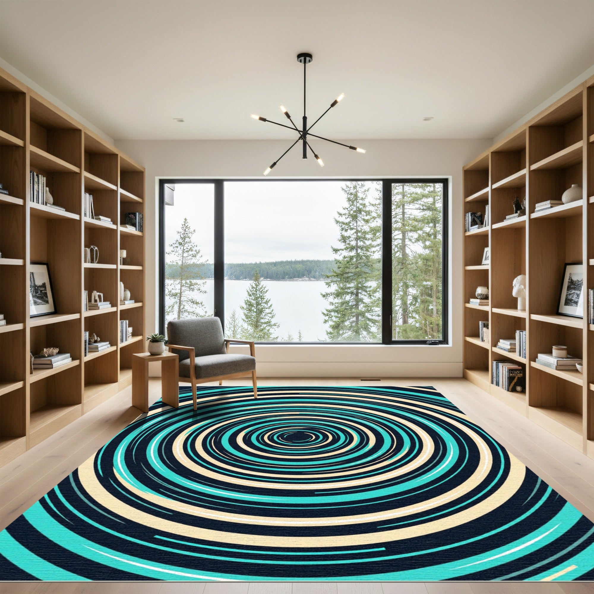 Modern Teal and Cream Concentric Vortex Rug