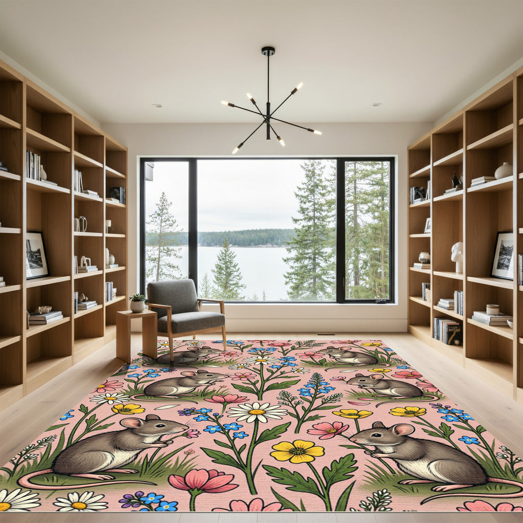 Whimsical Blush Pink Mouse Floral Meadow Rug