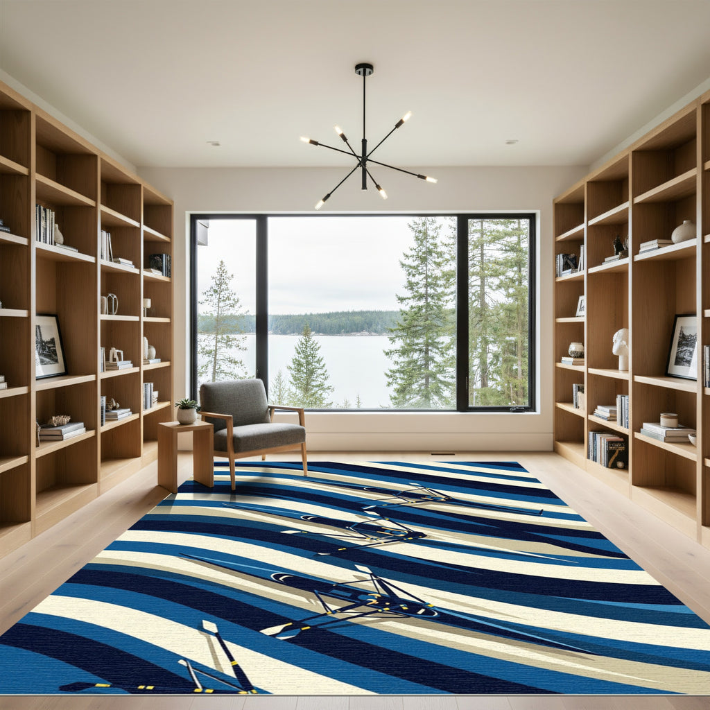Dynamic Indigo Blue Rowing Wave Rug