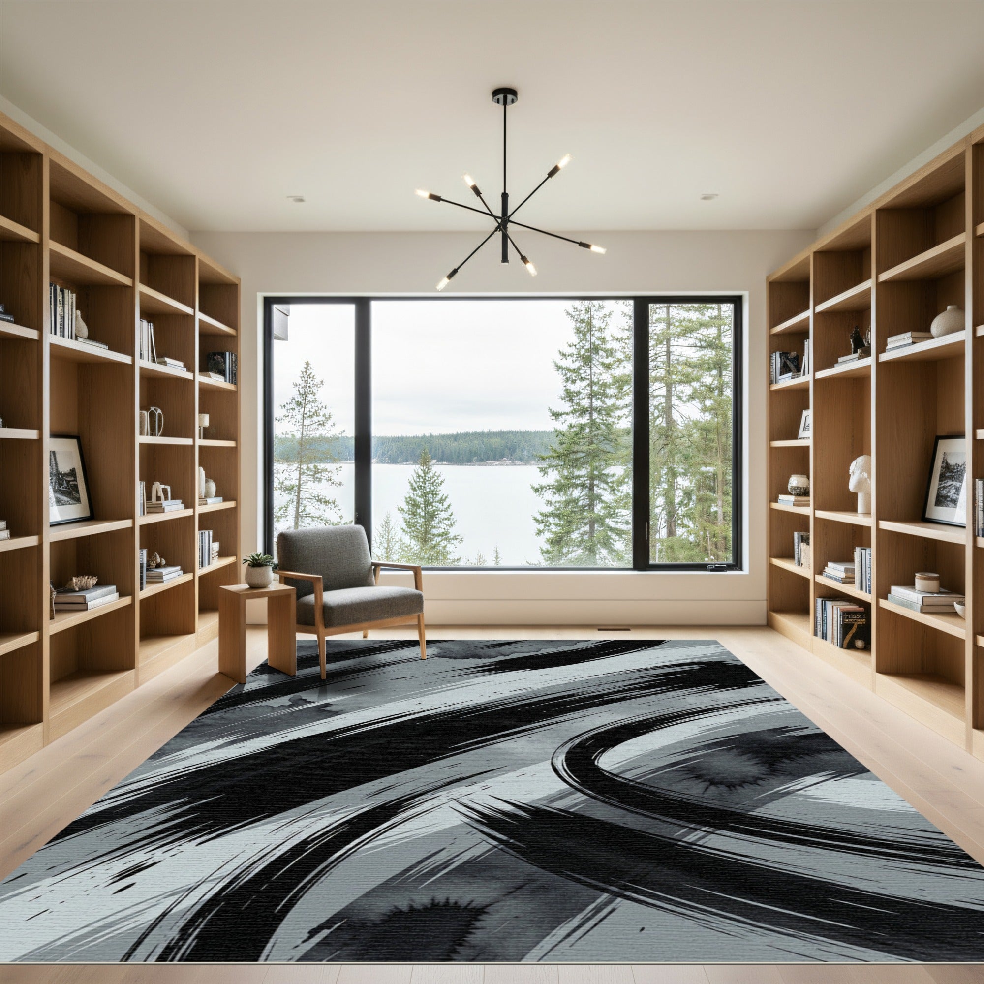 Monochromatic Abstract Ink Brush Stroke Rug