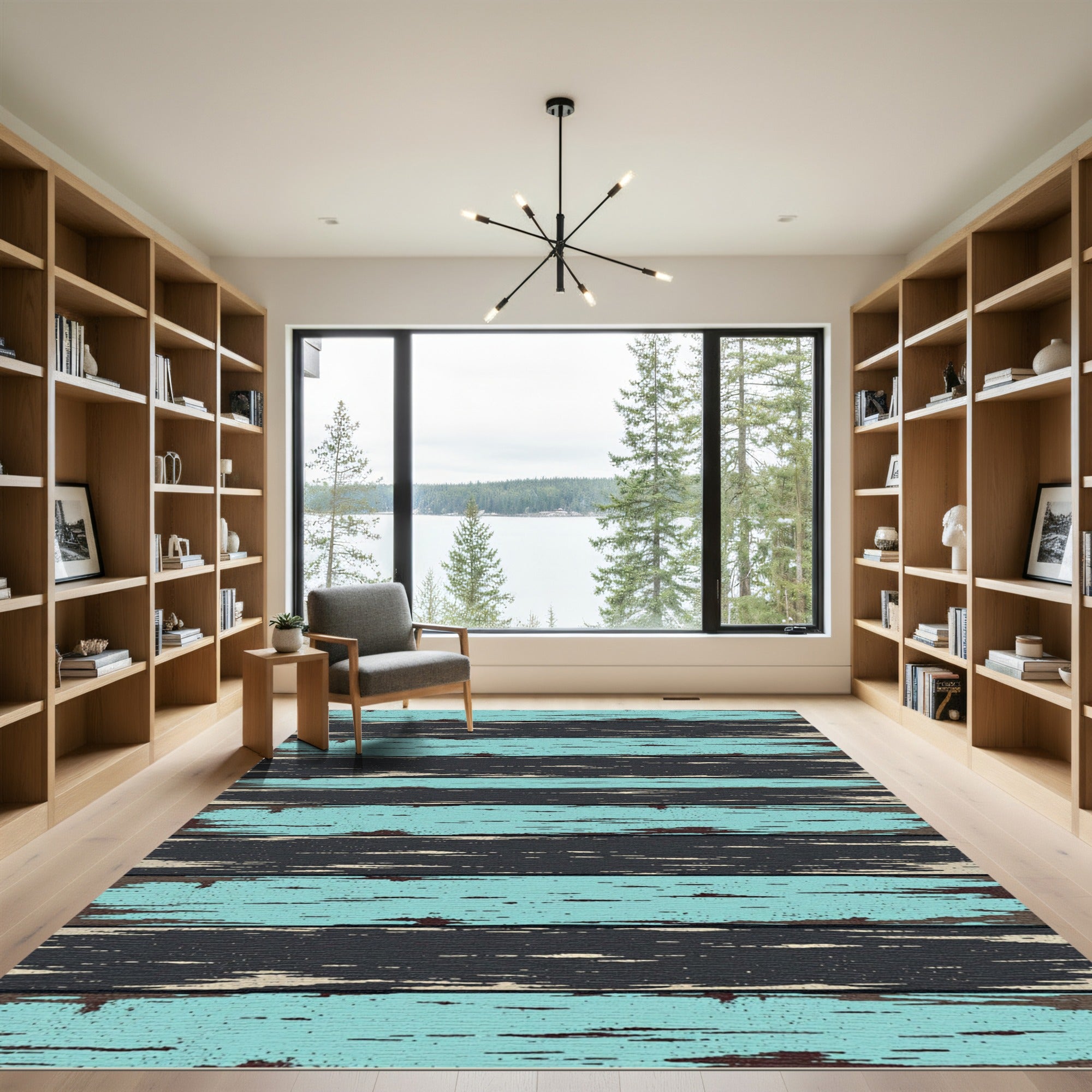 Distressed Blue and Black Wood Grain Rug