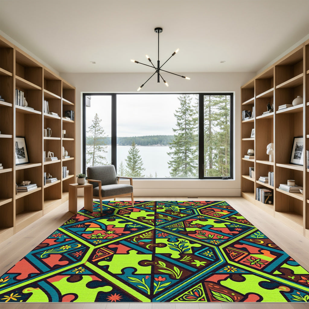 Colorful Geometric Puzzle Floral Medallion Rug