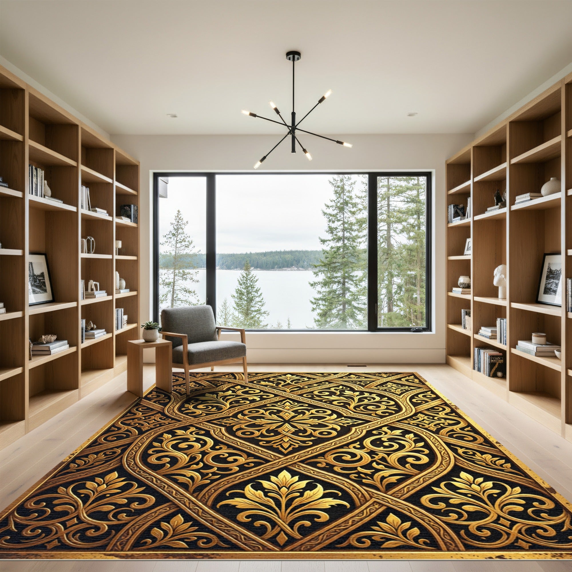 Elegant Golden Baroque Scroll Filigree Rug