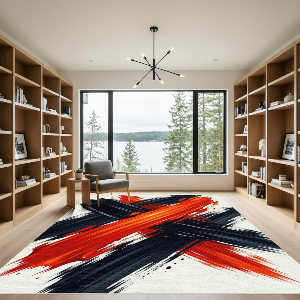 Bold Red and Black Abstract Stroke Rug