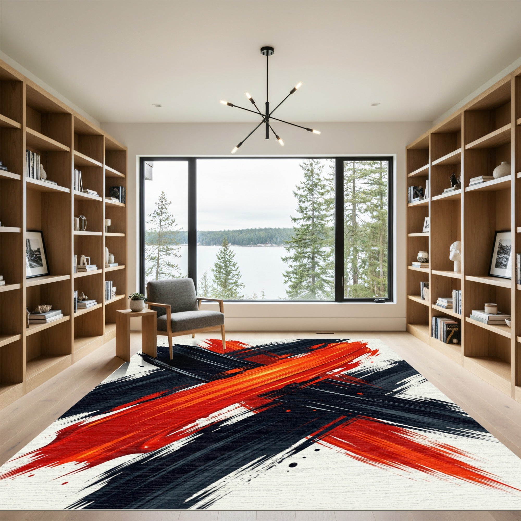 Bold Red and Black Abstract Stroke Rug