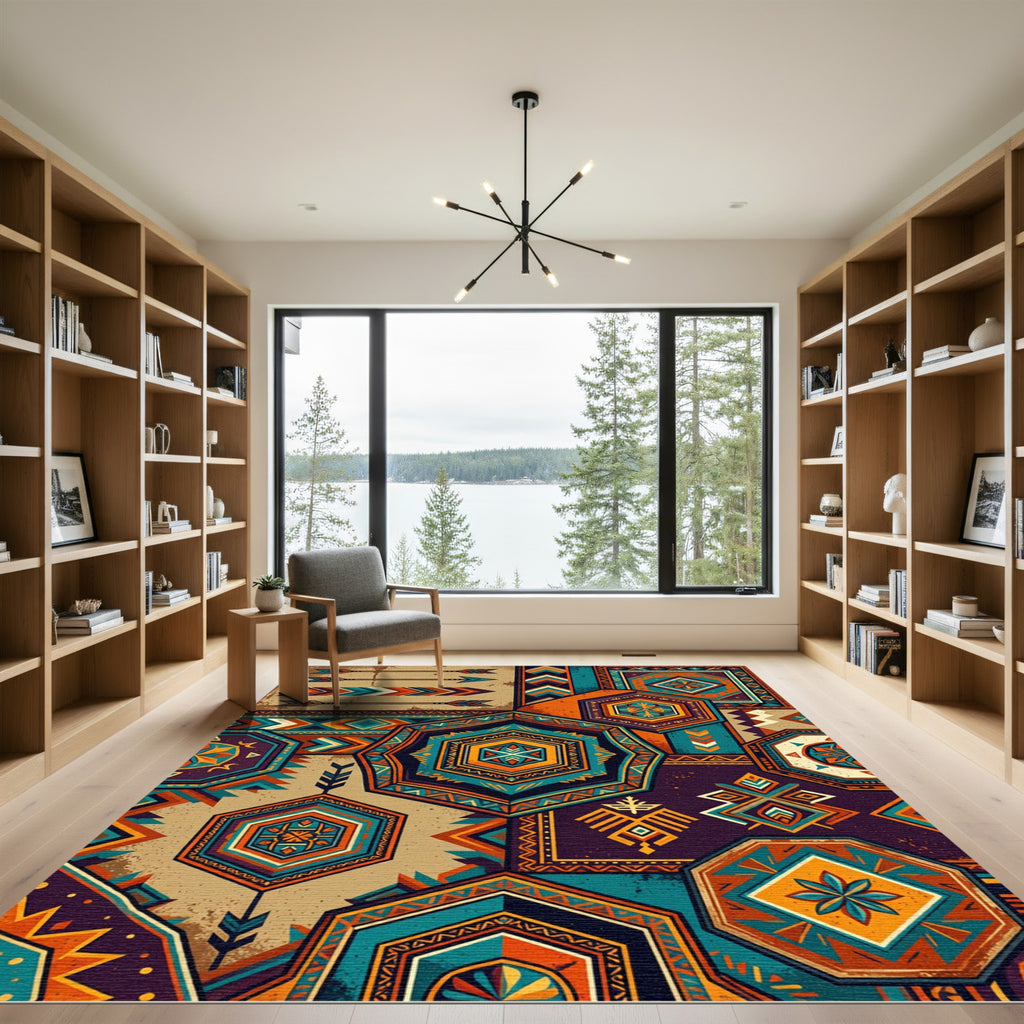 Bold Teal Orange Geometric Tile Rug