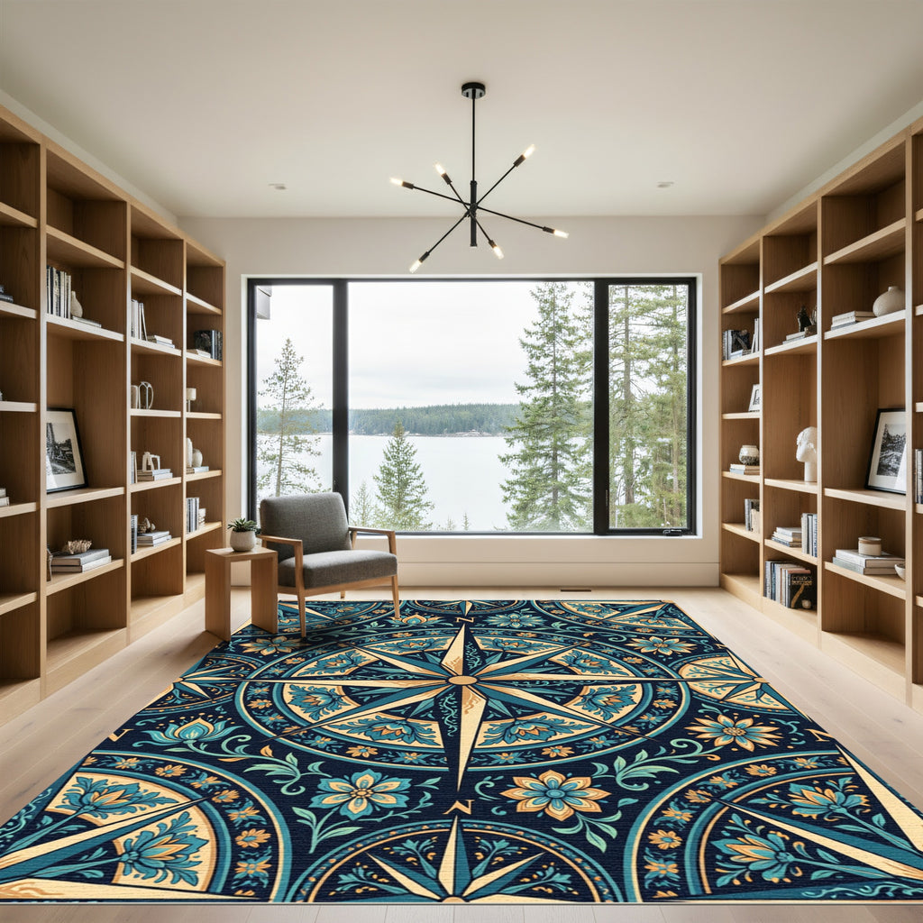 Midnight Teal Celestial Compass Floral Overlay Rug