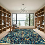 Midnight Teal Celestial Compass Floral Overlay Rug
