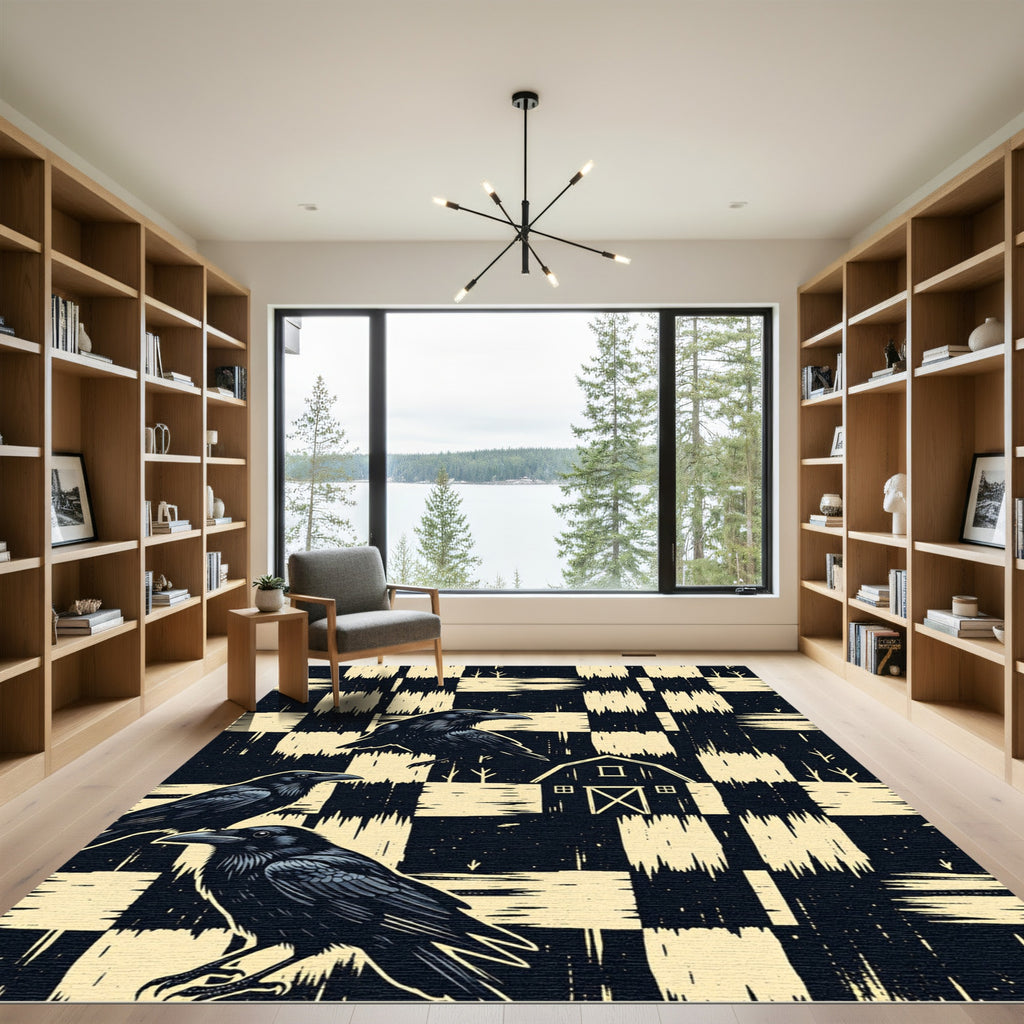 Gothic Raven Barn Checkered Black Ivory Rug