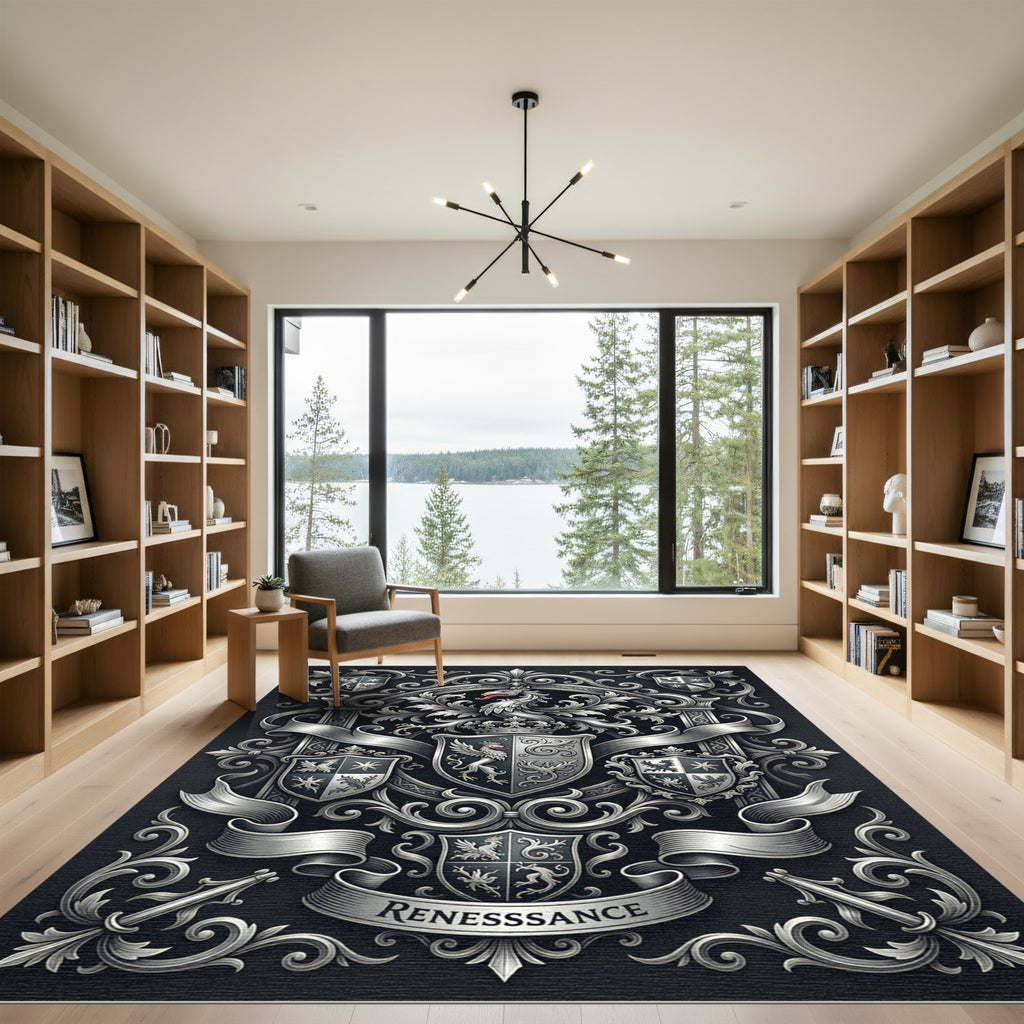 Ornate Silver Griffin Crest Emblem Rug