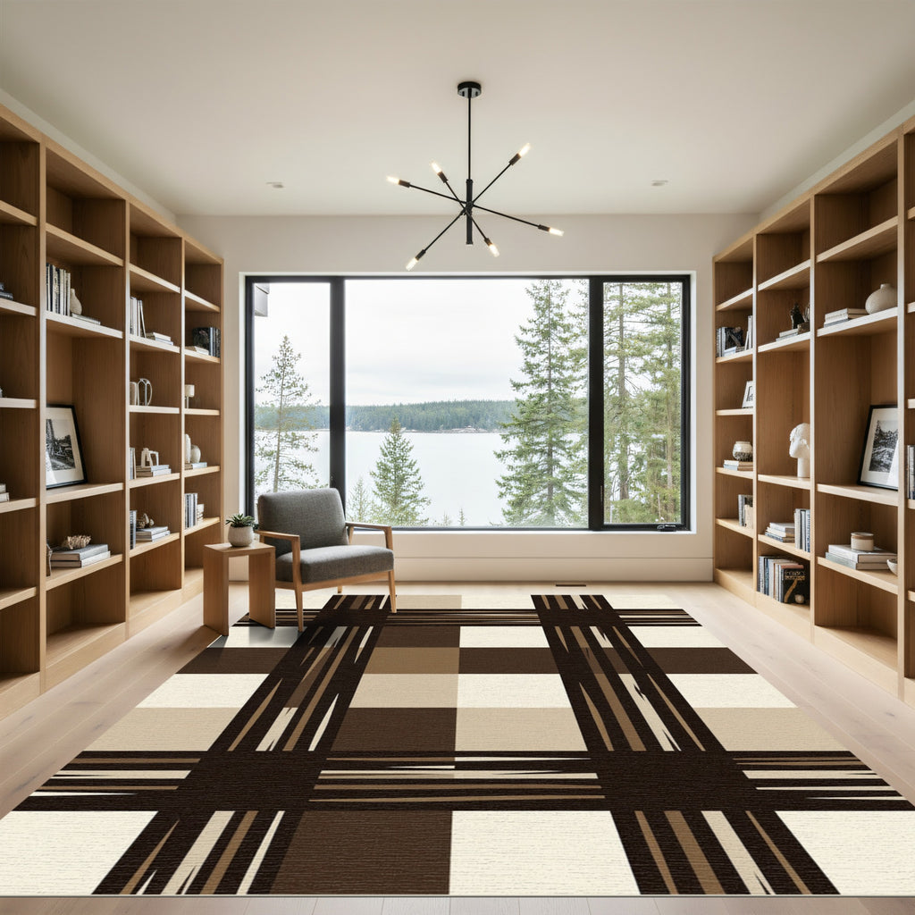 Deep Brown Tan Plaid Squares Rug