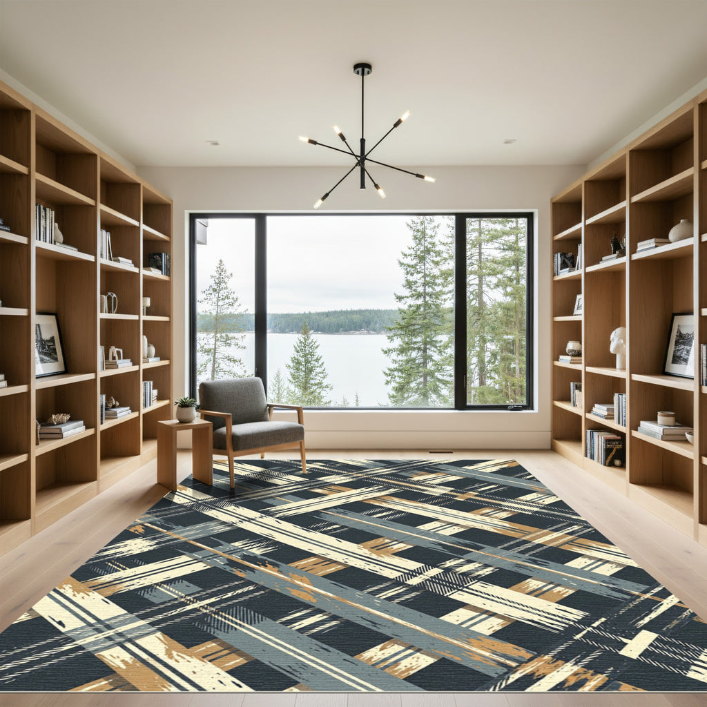 Abstract Plaid Crosshatch Charcoal Ochre Rug