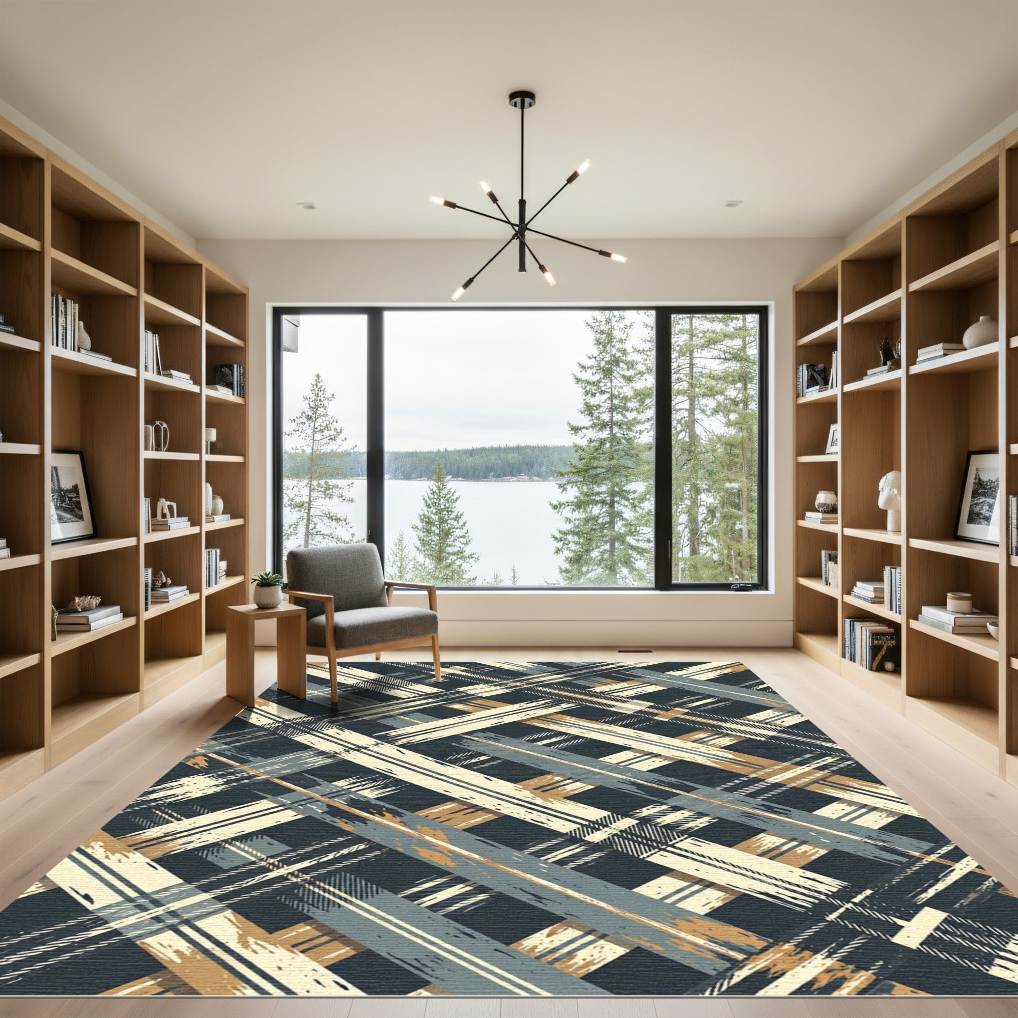 Abstract Plaid Crosshatch Charcoal Ochre Rug