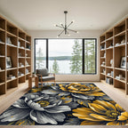 Golden Peony Floral Black Gray Illustration Rug