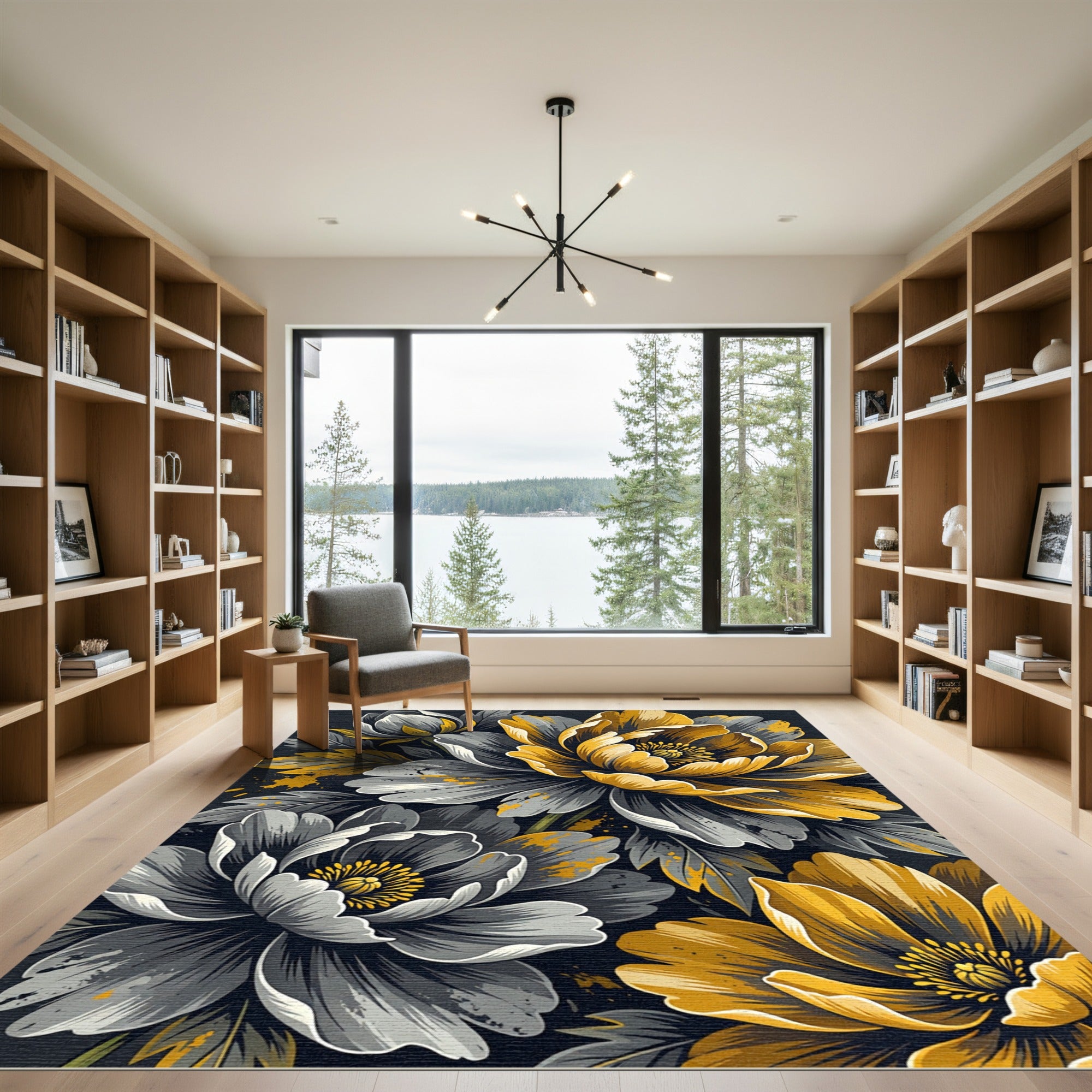 Golden Peony Floral Black Gray Illustration Rug