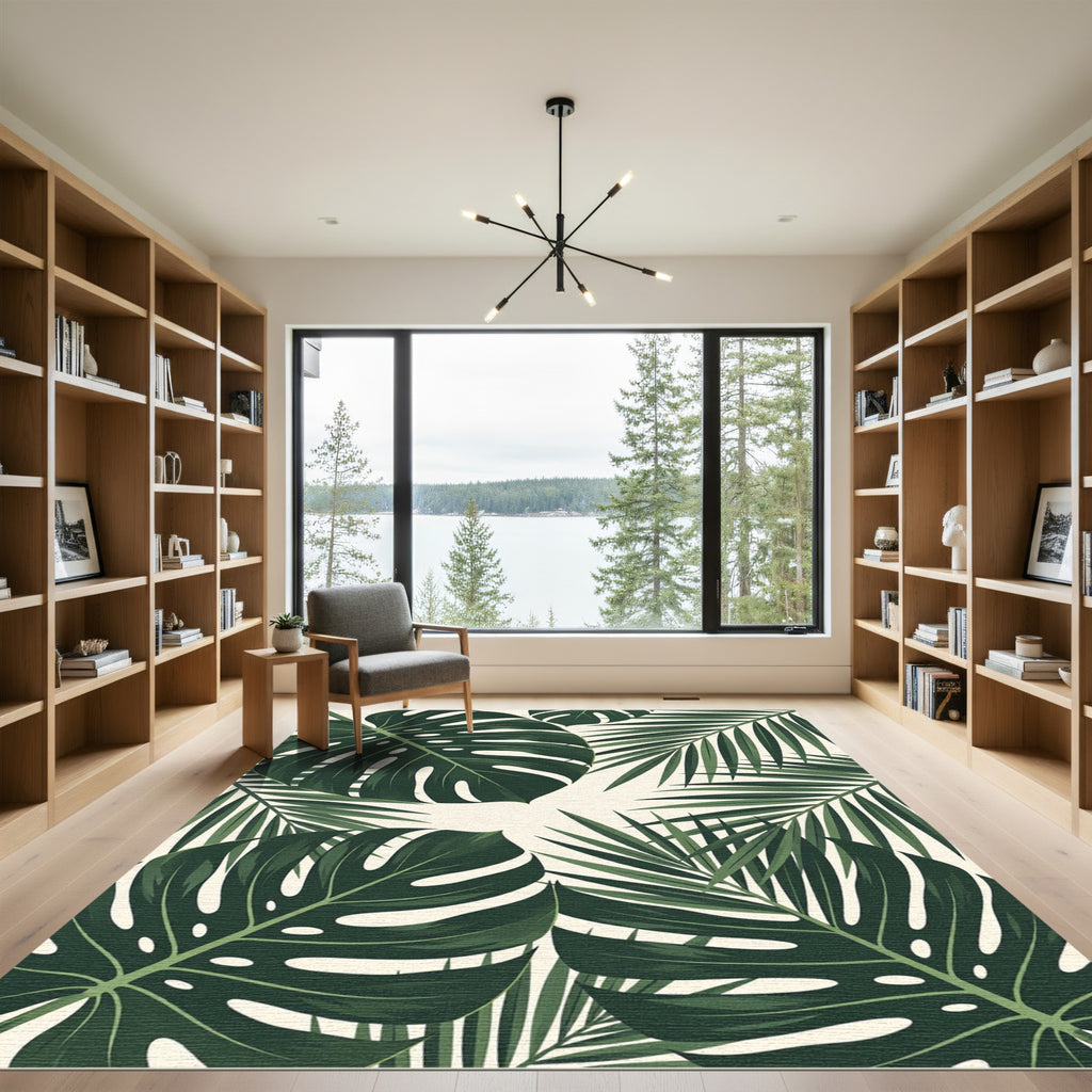 Deep Green Tropical Monstera Palm Leaves Rug