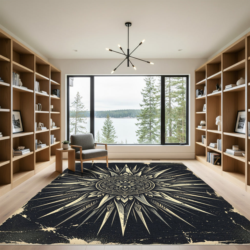 Celestial Monochrome Sunburst Star Medallion Rug