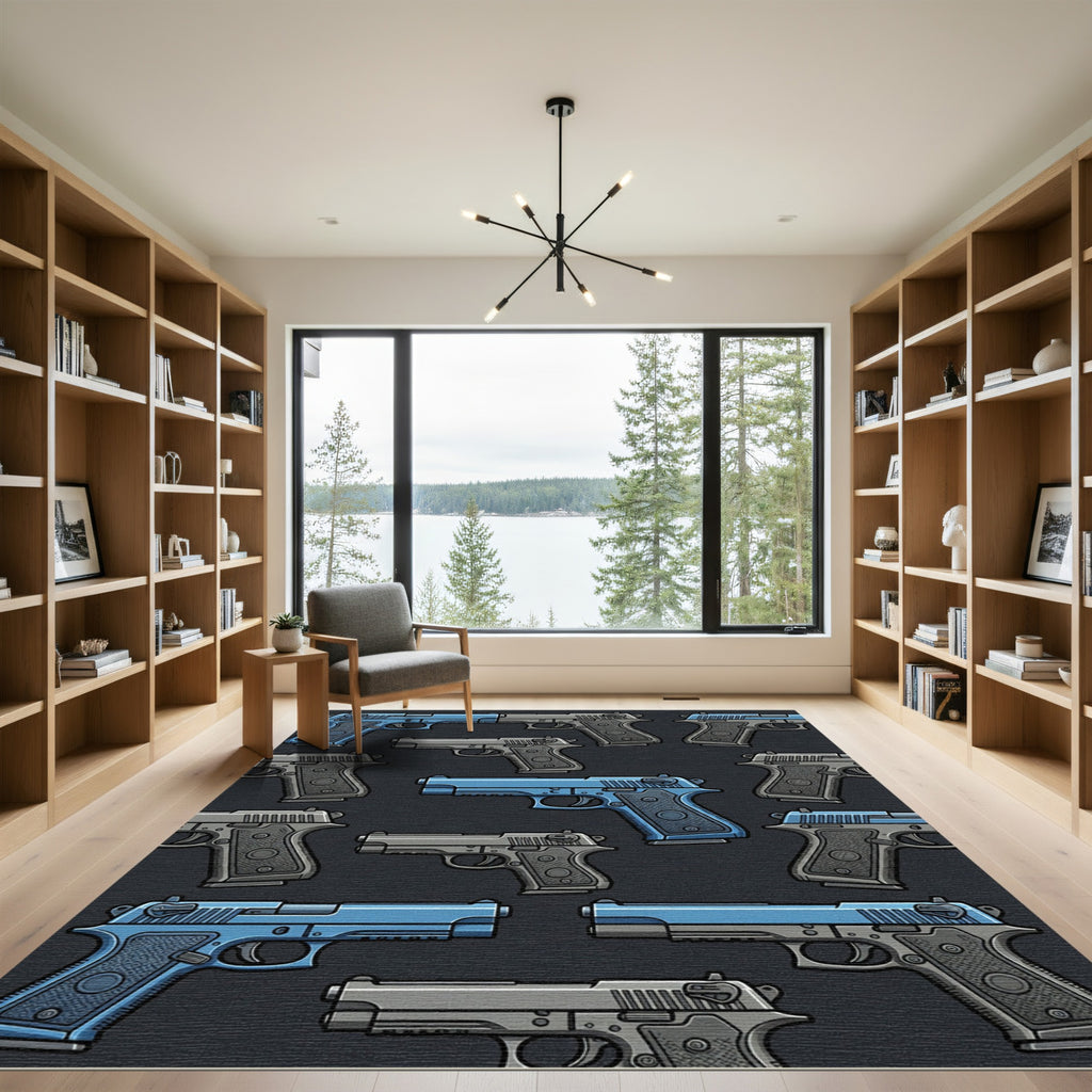 Tactical Blue and Gray Revolver Illustration Rug