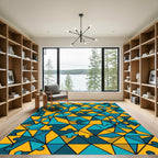 Geometric Teal and Gold Jigsaw Mosaic Rug